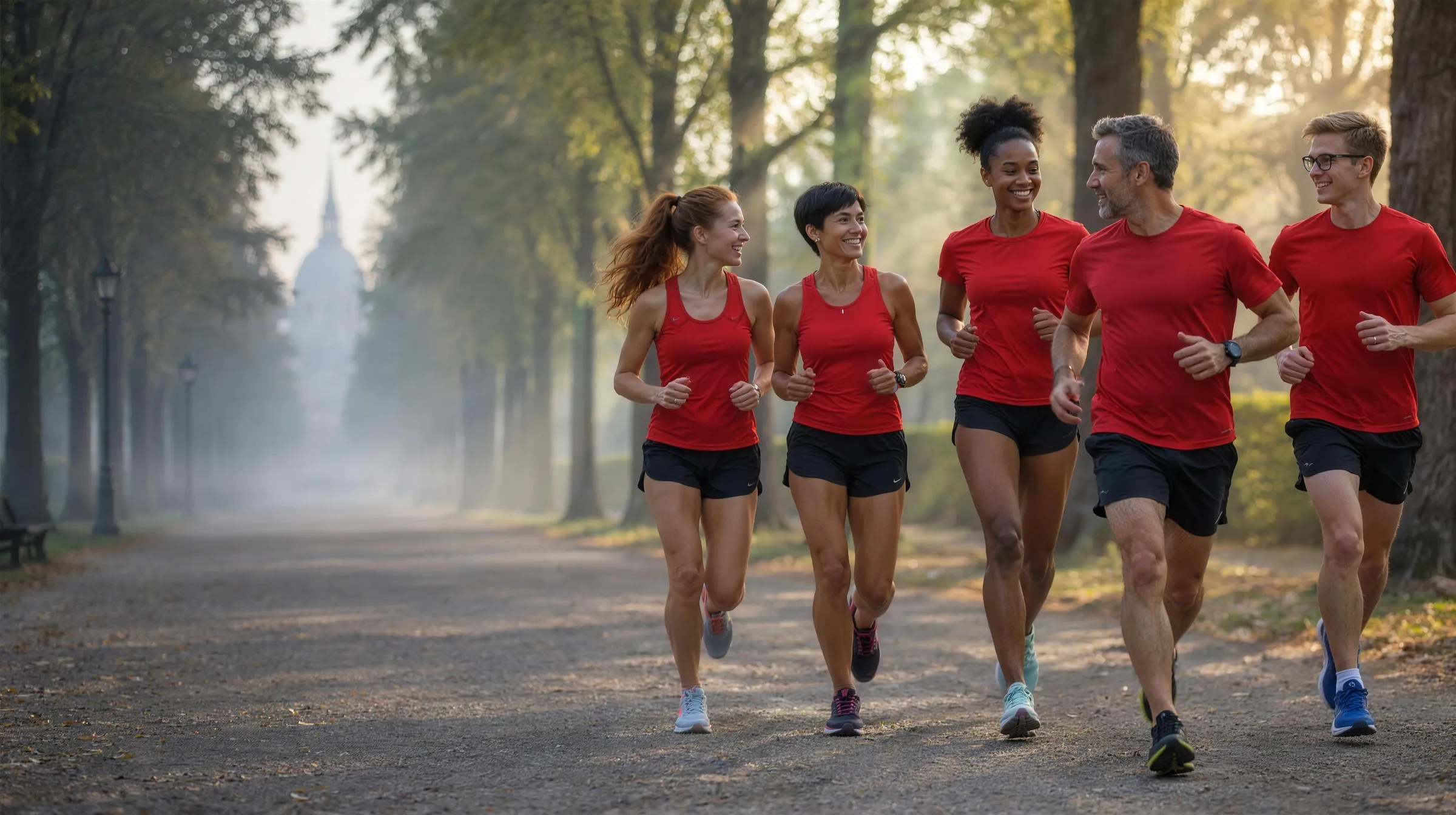 A small group in red shirts running with their coach along a tree-lined avenue in the park
