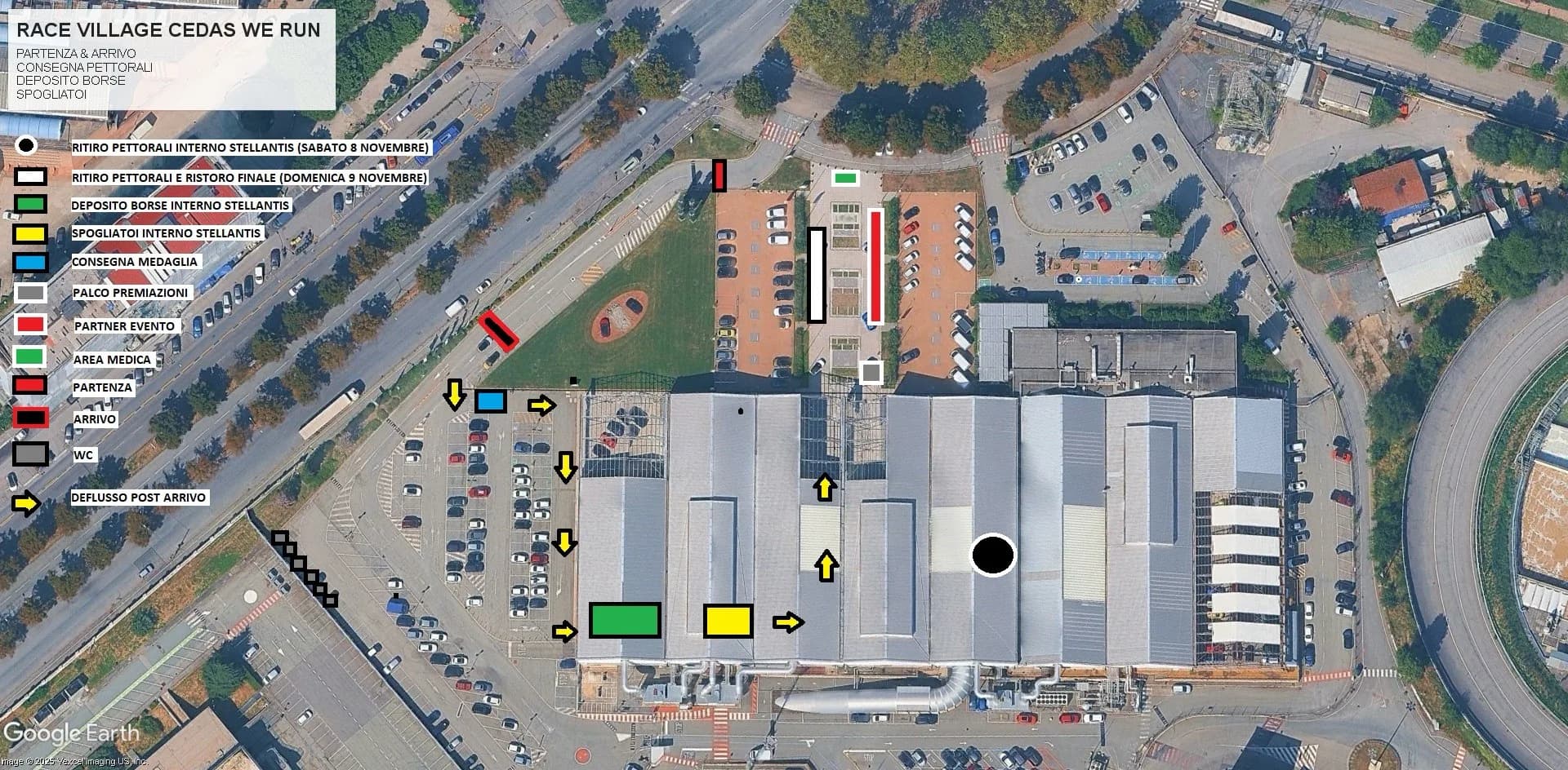 Mappa del We RUN Village: ritiro pettorali, deposito borse, spogliatoi, partenza e arrivo nel piazzale Stellantis &You